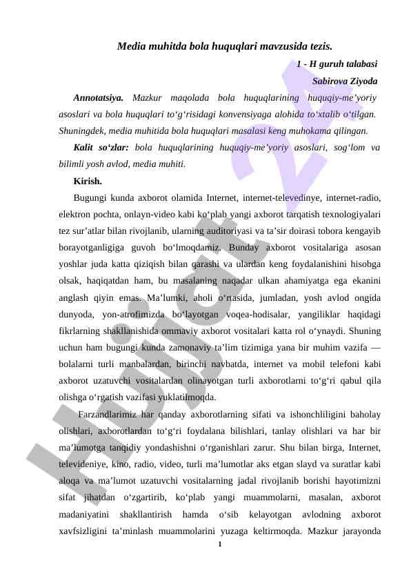 Media muhitida bola huquqlari mavzusida tezis
