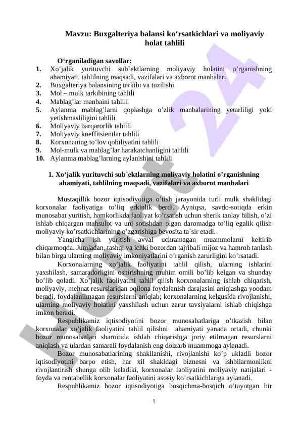 Buxgalteriya balansi va moliyaviy tahlil