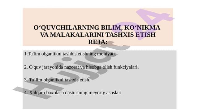 O‘quvchilarning bilim, ko‘nikma va malakalarini tashxis etish reja