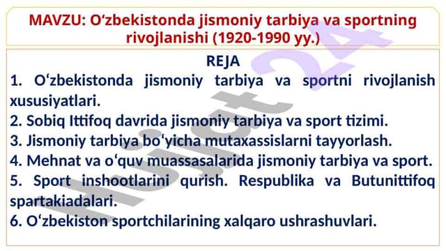 O‘zbekistonda jismoniy tarbiya va sportning rivojlanishi (1920-1990 yy.)