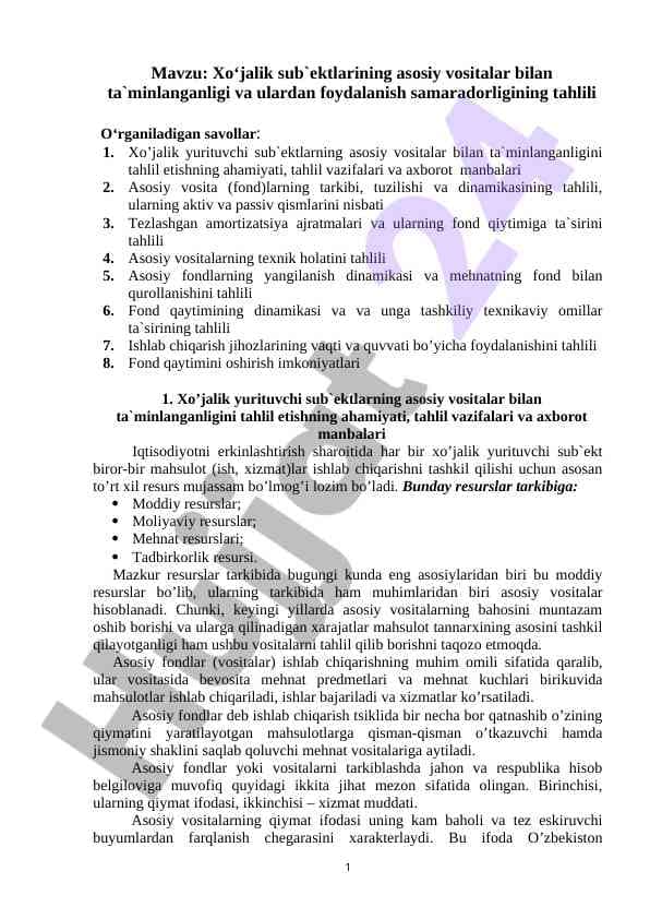 Xo‘jalik sub`ektlarining asоsiy vоsitalar bilan ta`minlanganligi va ulardan fоydalanish samaradоrligining tahlili 