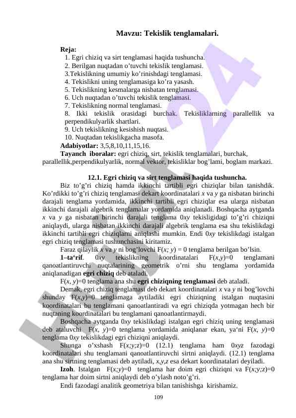 Tekislik tenglamalarini oʻrganish va aniqlash usullari.