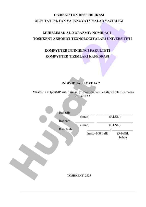 OpenMP kutubxonasi yordamida parallel algoritmlarni amalga oshirish