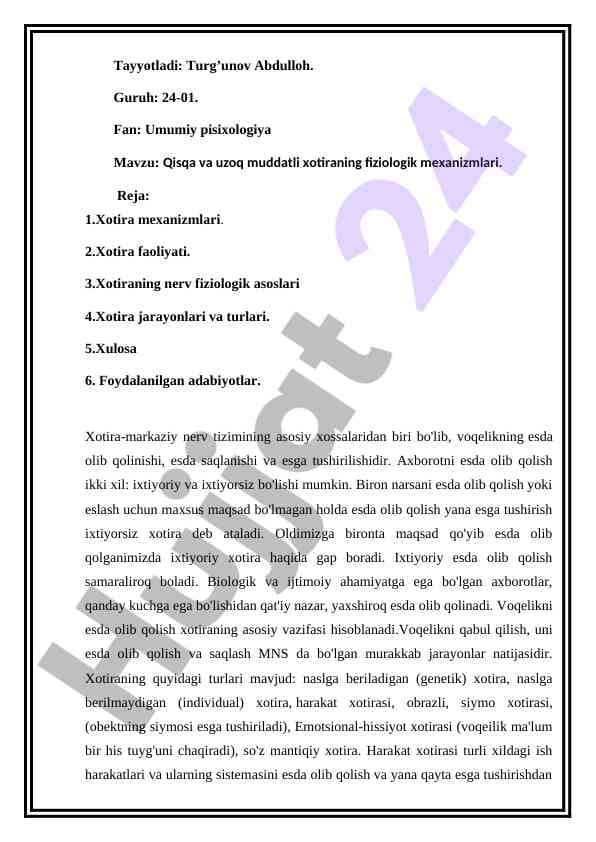 Fiziologik mexanizmlar orqali qisqa va uzoq muddatli xotira