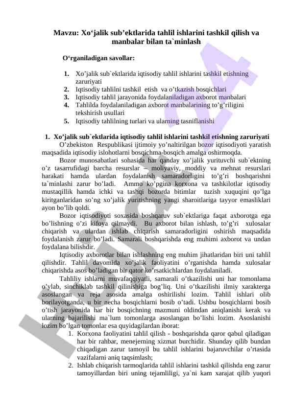 Xo‘jalik sub’ektlarida tahlil ishlarini tashkil qilish va manbalar bilan ta`minlash