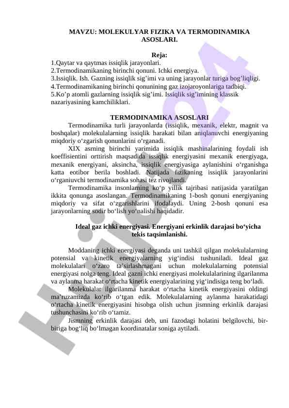 MOLEKULYAR FIZIKA VA TERMODINAMIKA ASOSLARI.