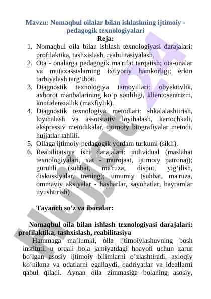 Nomaqbul oilalar bilan ishlashning iqtisade-triviy texnologiya
