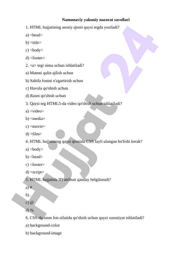 HTML va CSS savollari yakuniy nazorat uchun.