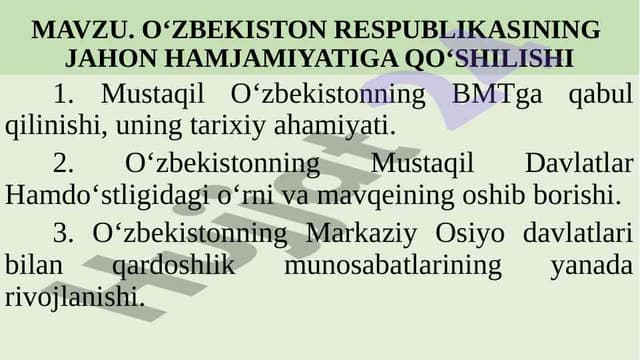 O‘ZBEKISTON RESPUBLIKASINING  JAHON HAMJAMIYATIGA QO‘SHILISHI