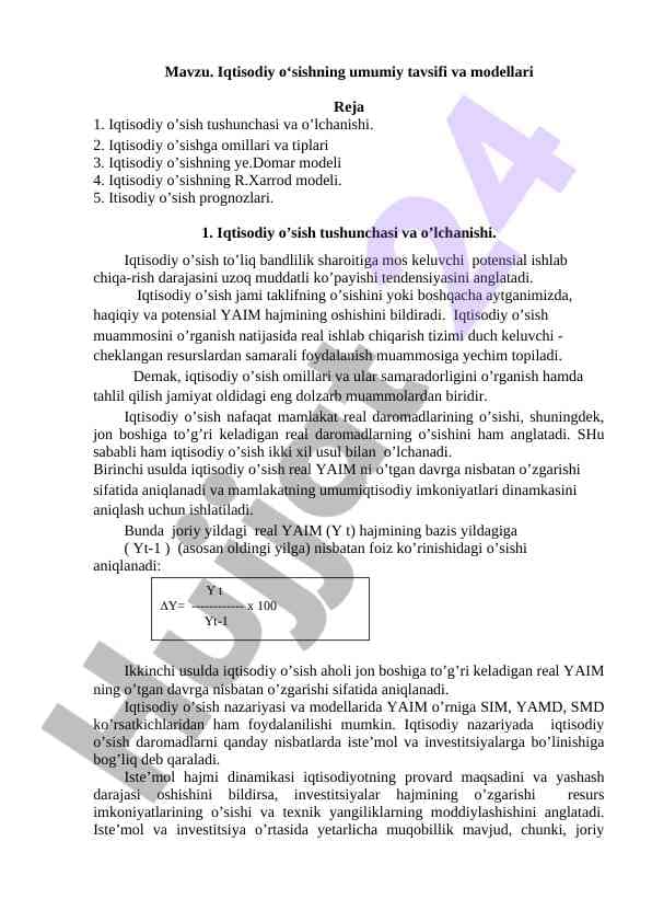 Iqtisodiy o'sishning umumiy tavsifi va modellari.