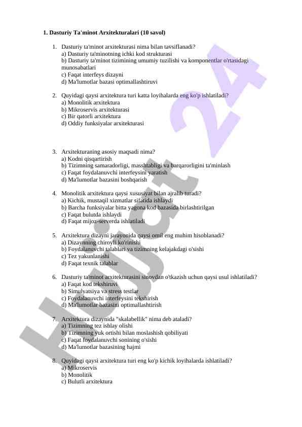 Dasturiy ta'minot arxitekturalari testining savollari