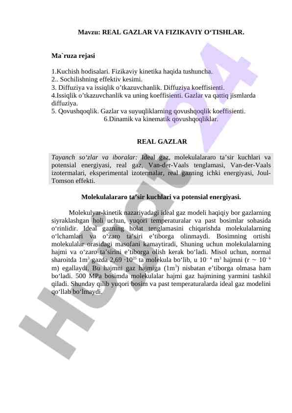 REAL GAZLAR VA FIZIKAVIY O‘TISHLAR