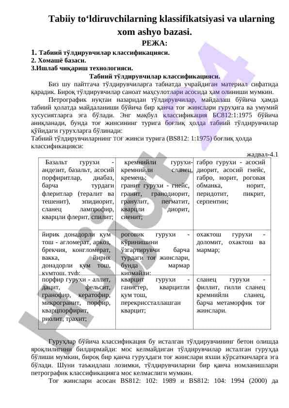 Tаbiiy to‘ldiruvchilаrning klаssifikаtsiyasi vа ulаrning хоm аshyo bаzаsi.