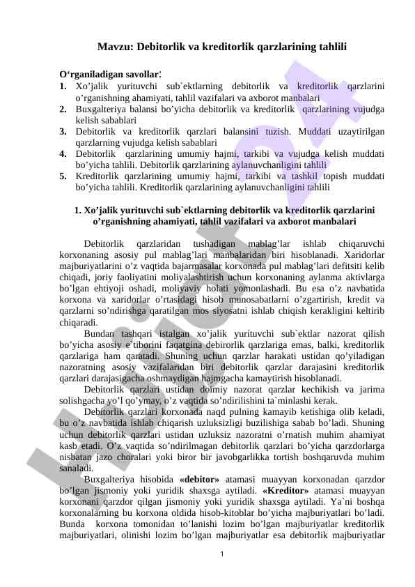 Debitоrlik va kreditоrlik qarzlarining tahlili