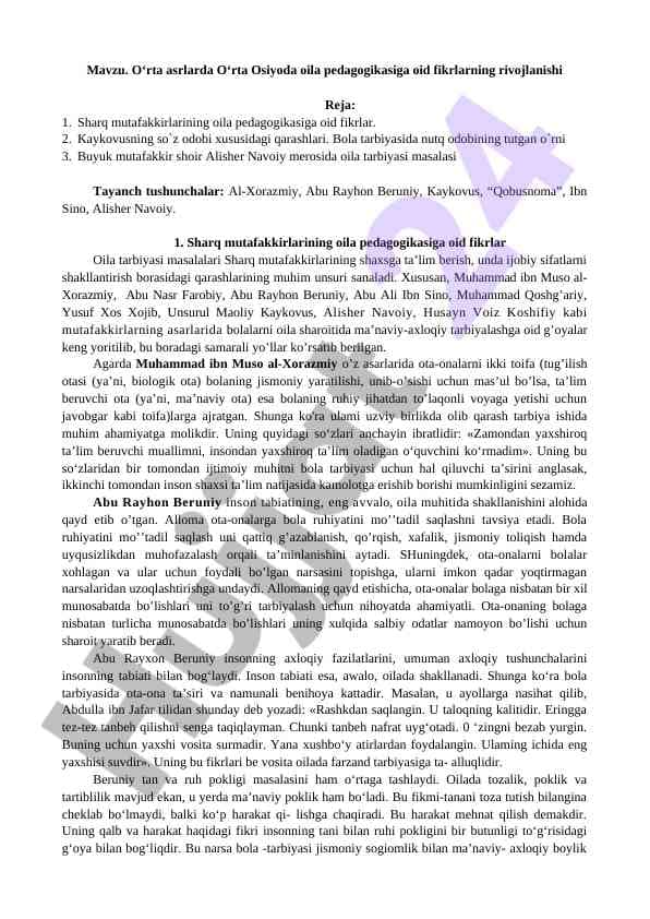 O‘rta Osiyoda oila pedagogikasi rivojlanishi