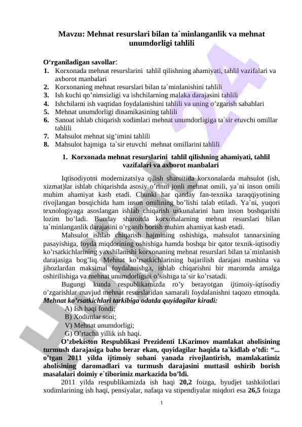 Mehnat resurslari bilan ta`minlanganlik va mehnat unumdоrligi tahlili
