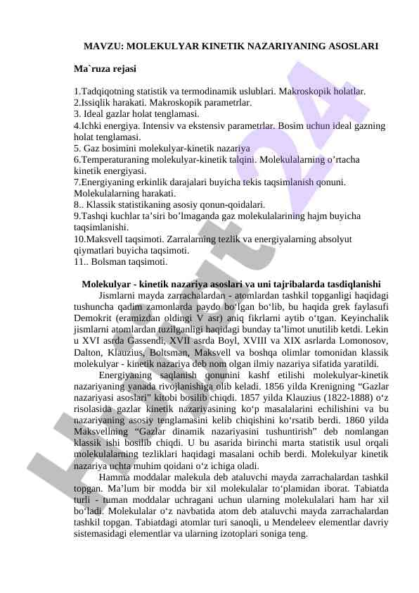 MOLEKULYAR KINETIK NAZARIYANING ASOSLARI