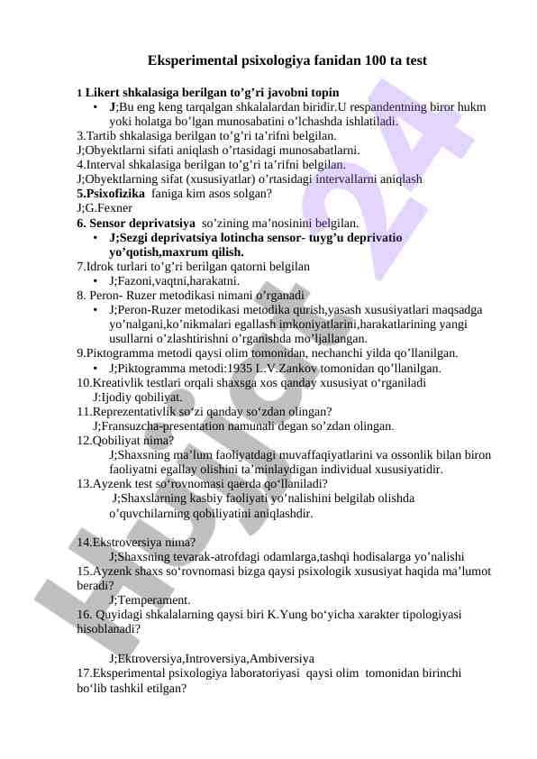 Eksperimental psixologiya fanidan 100 ta test