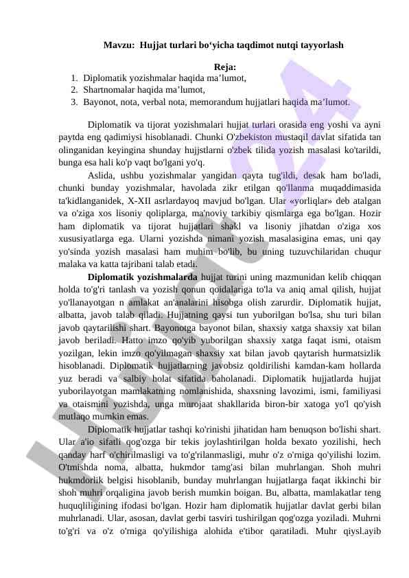 Hujjat turlari bo‘yicha taqdimot nutqi tayyorlash