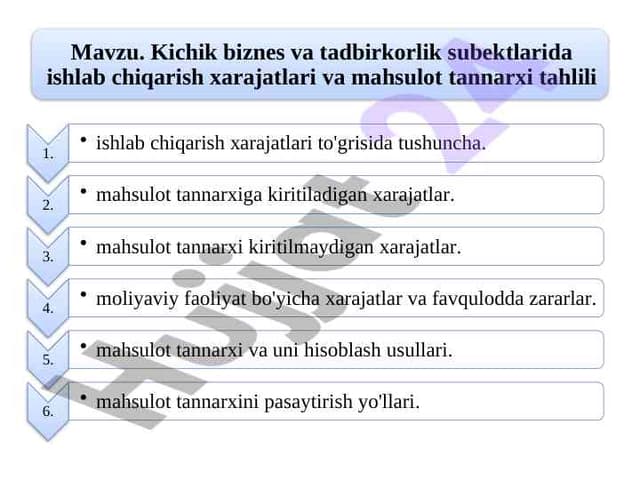 Kichik biznes vа tadbirkorlik subektlarida ishlab chiqarish хаrаjаtlari vа mahsulot tаnnarxi tаhlili 