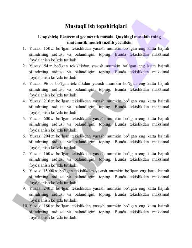 Matematik modellashtirish fanidan Yakuniy nazorat savollari 