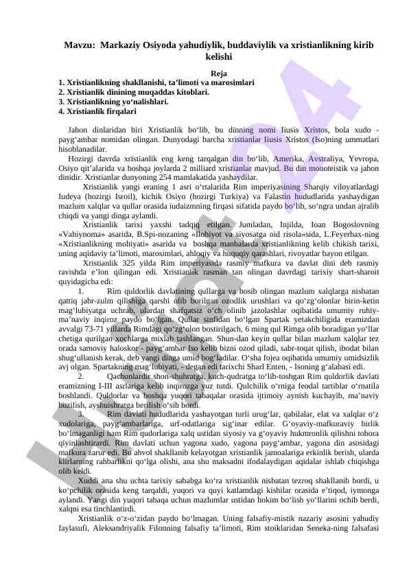 Markaziy Osiyoda yahudiylik, buddaviylik va xristianlikning kirib kelishi 
