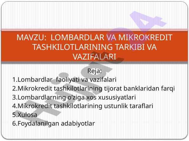Lombardlar va mikrokredit tashkilotlarining tarkibi va vazifalari