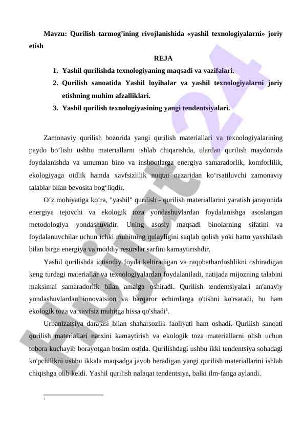 Qurilish tarmog’ining rivojlanishida «yashil texnologiyalarni» joriy etish