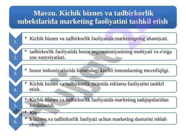 Kichik biznes vа tadbirkorlik subektlarida marketing faoliyatini tashkil etish 