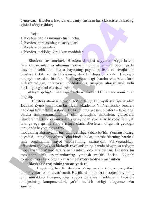 Biosfera haqida umumiy tushuncha