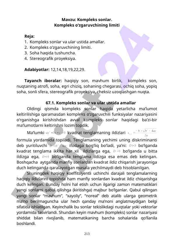 Kompleks sonlar va ularning uchun amallar