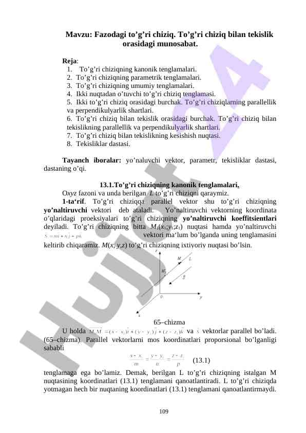 Fazodagi to’g’ri chiziq. To’g’ri chiziq bilan tekislik orasidagi munosabat.