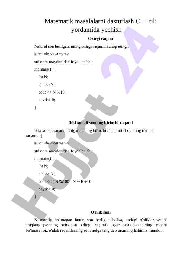 Matematik masalalarni dasturlash C++ tili yordamida yechish