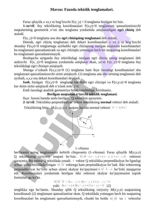 Fazoda tekislik tenglamalari
