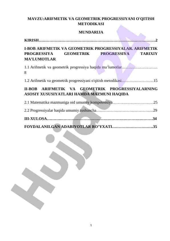 Arifmetik va geometrik progressiani o'qitish uchun metodika