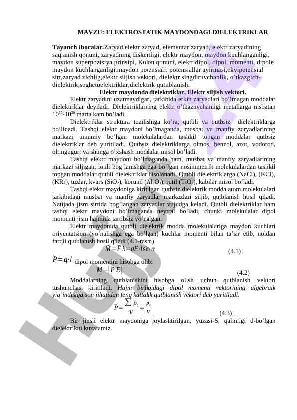 ELЕKTRОSTATIK MAYDONDAGI DIELЕKTRIKLAR