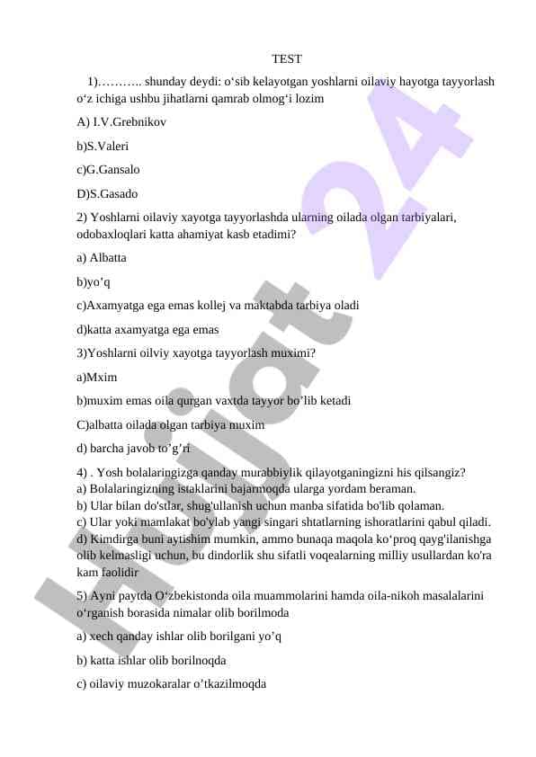 Oilaviy hayotga tayyorlash test savollari