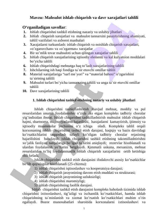 Mahsulot ishlab chiqarish va xarajatlar tahlili