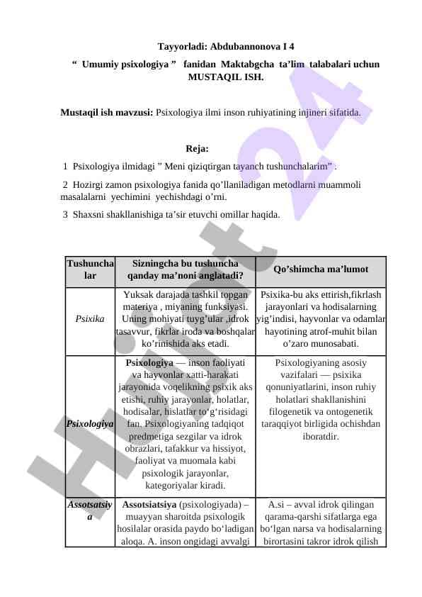 Umumiy psixologiya bo'yicha mustaqil ish