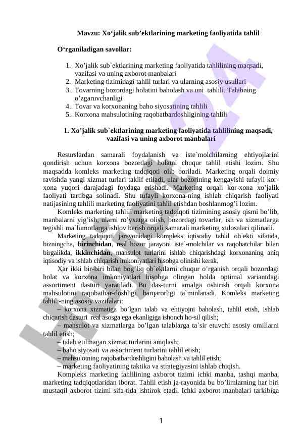 Xo‘jalik sub’ektlarining marketing faоliyatida tahlil