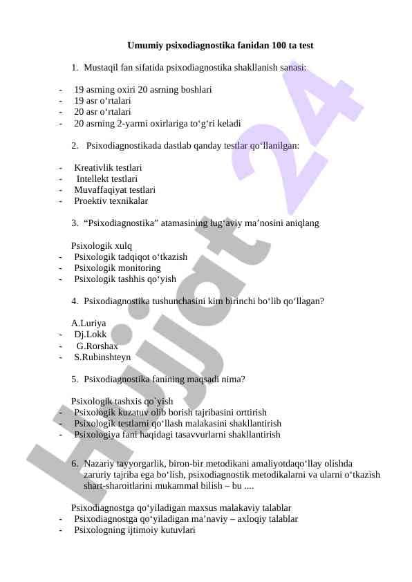 Psixodiagnostika Fanidan 100 Ta Testlar