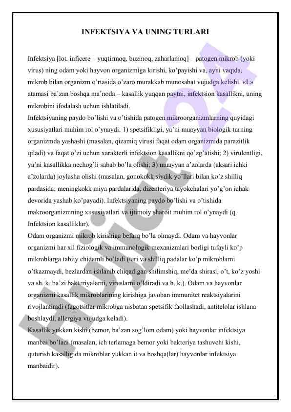Infektsiya va uning turlari
