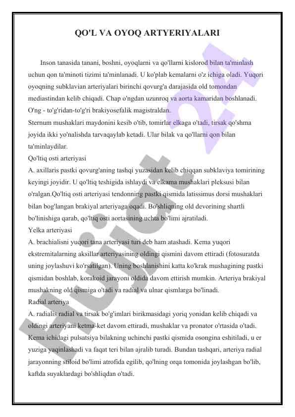 Qo'l va oyoq arteriyalari tizimi